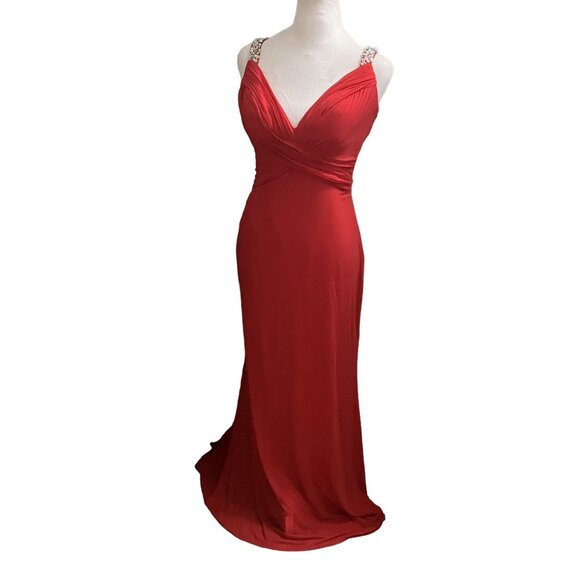 La Femme Red Evening Gown With Rhinestone Straps & Cutout Back Size 2 - Picture 2 of 6